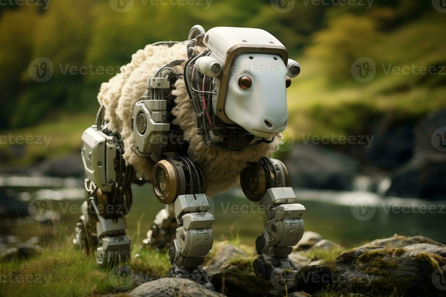 Robotic Wildlife - Exploring Robot Sheep in Natural Habitat. Generative by Ai photo