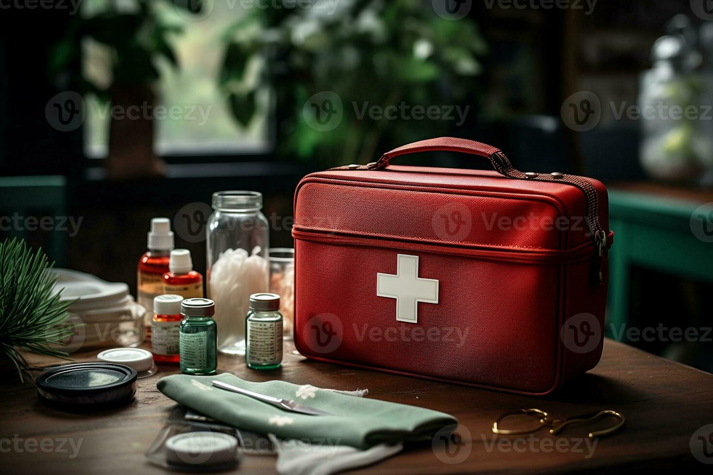 Safety First Red Boxed First Aid Kit in the Kitchen. Generative By Ai photo