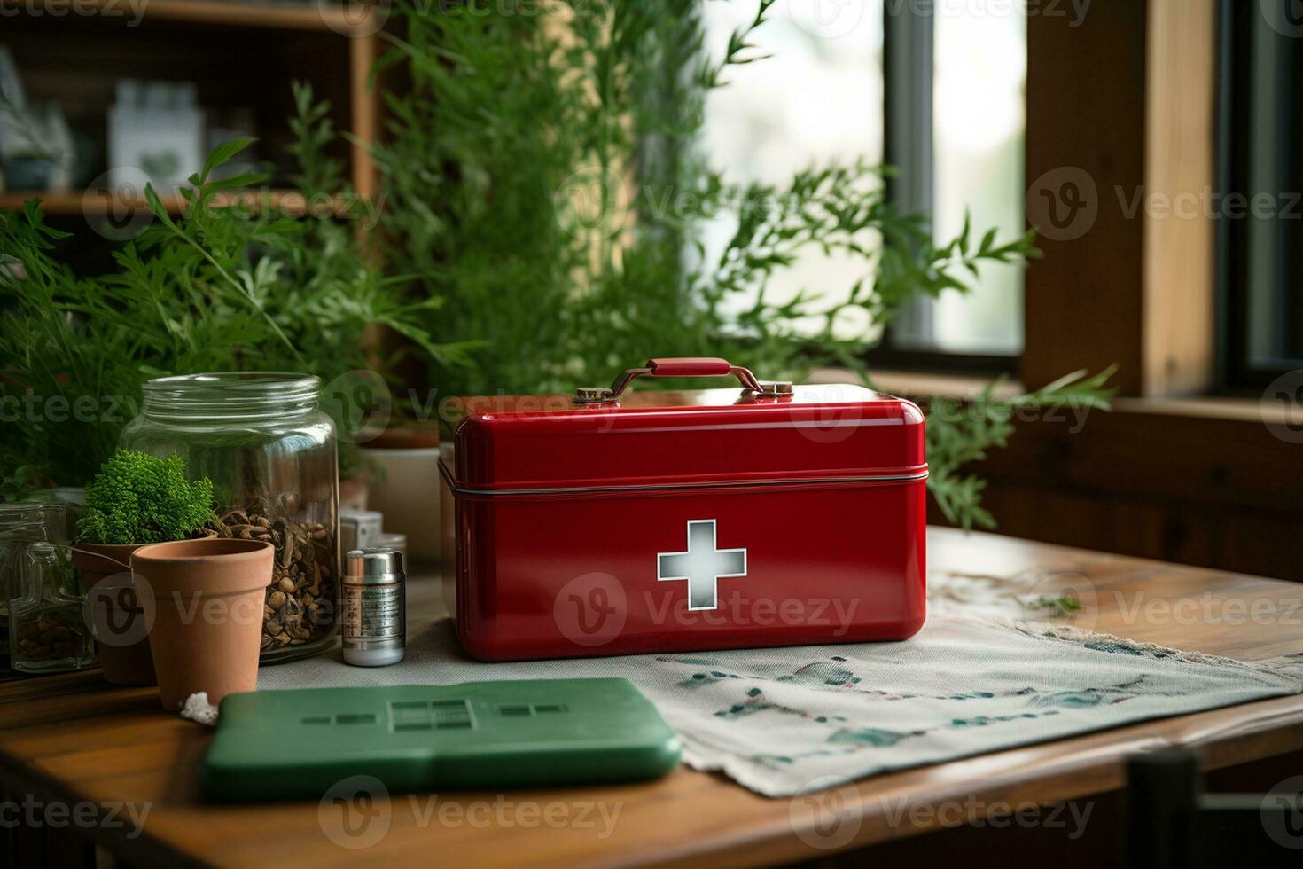 Be Prepared First Aid Kit on the Kitchen Table. Generative By Ai photo