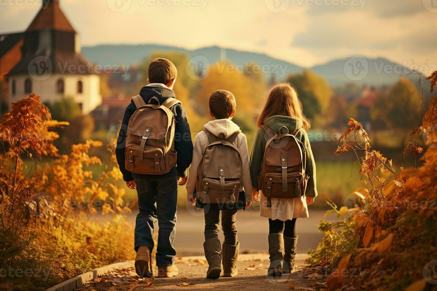 Back to School Kids with Backpacks. Generative By Ai photo