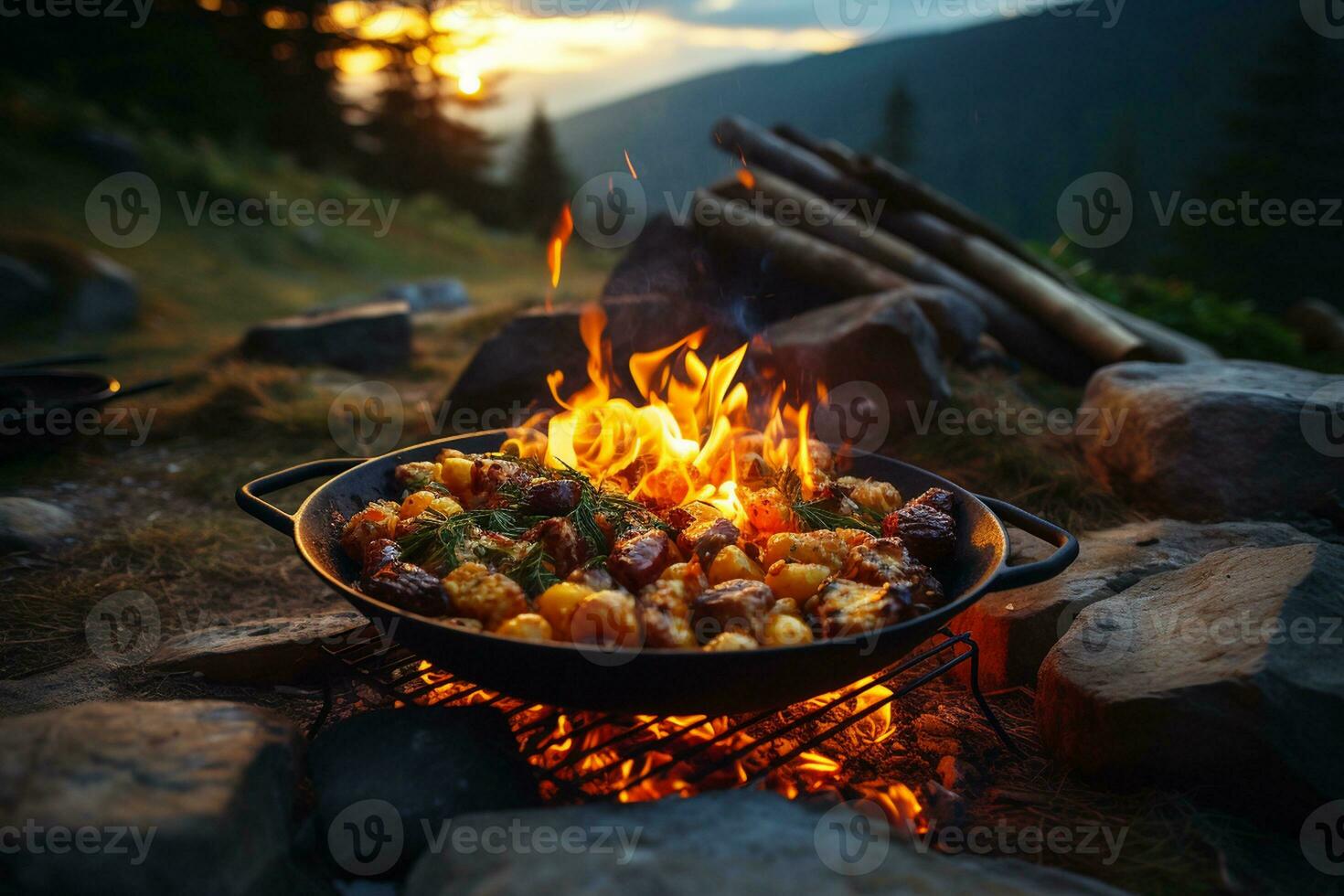 Camping Season Delights Food Over an Open Fire in the Mountains. Generative By Ai photo