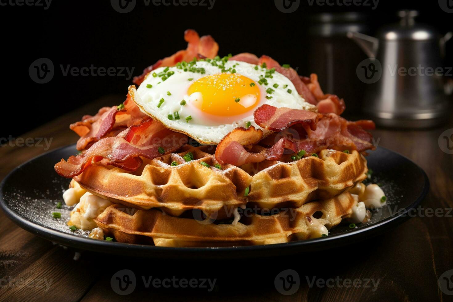 Cafe Breakfast Belgian Waffles, Eggs, and Bacon. Generative By Ai photo