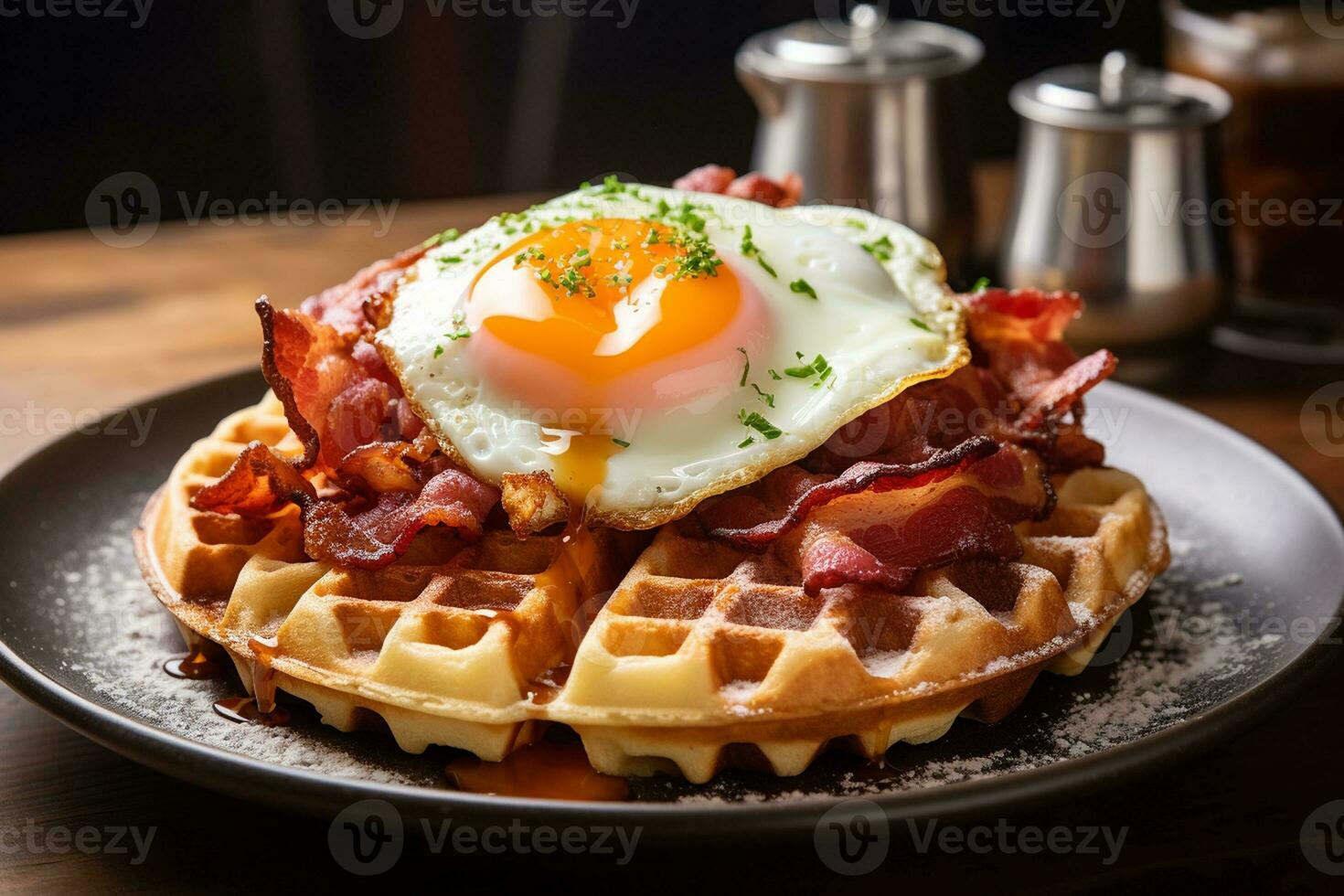 Cafe Breakfast Belgian Waffles, Eggs, and Bacon. Generative By Ai photo