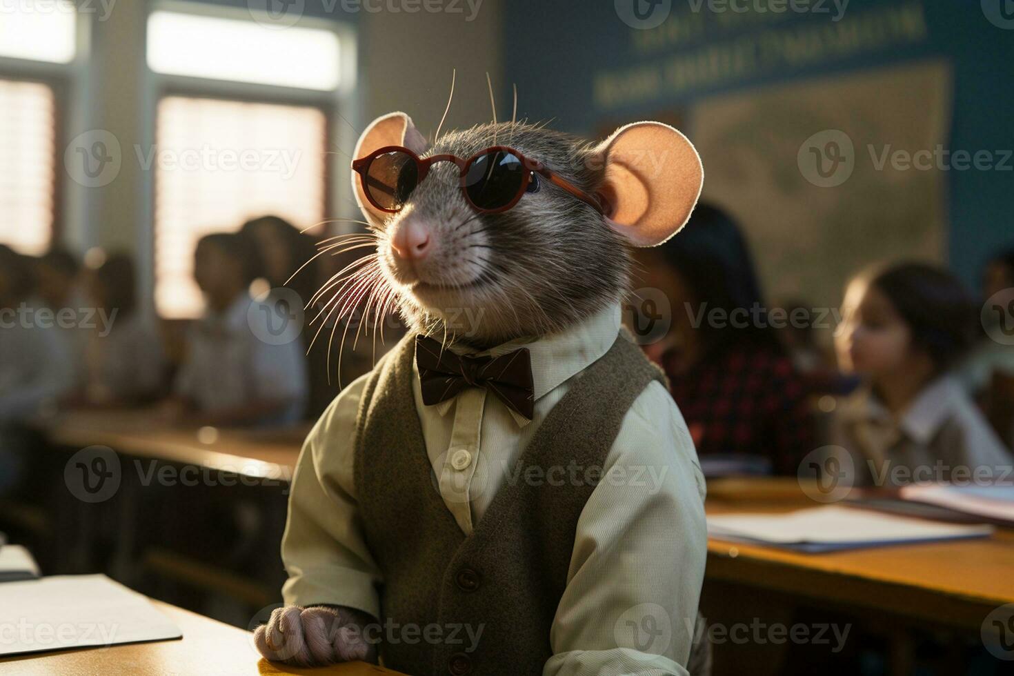 Young Student with a Rat in Class. Generative By Ai photo