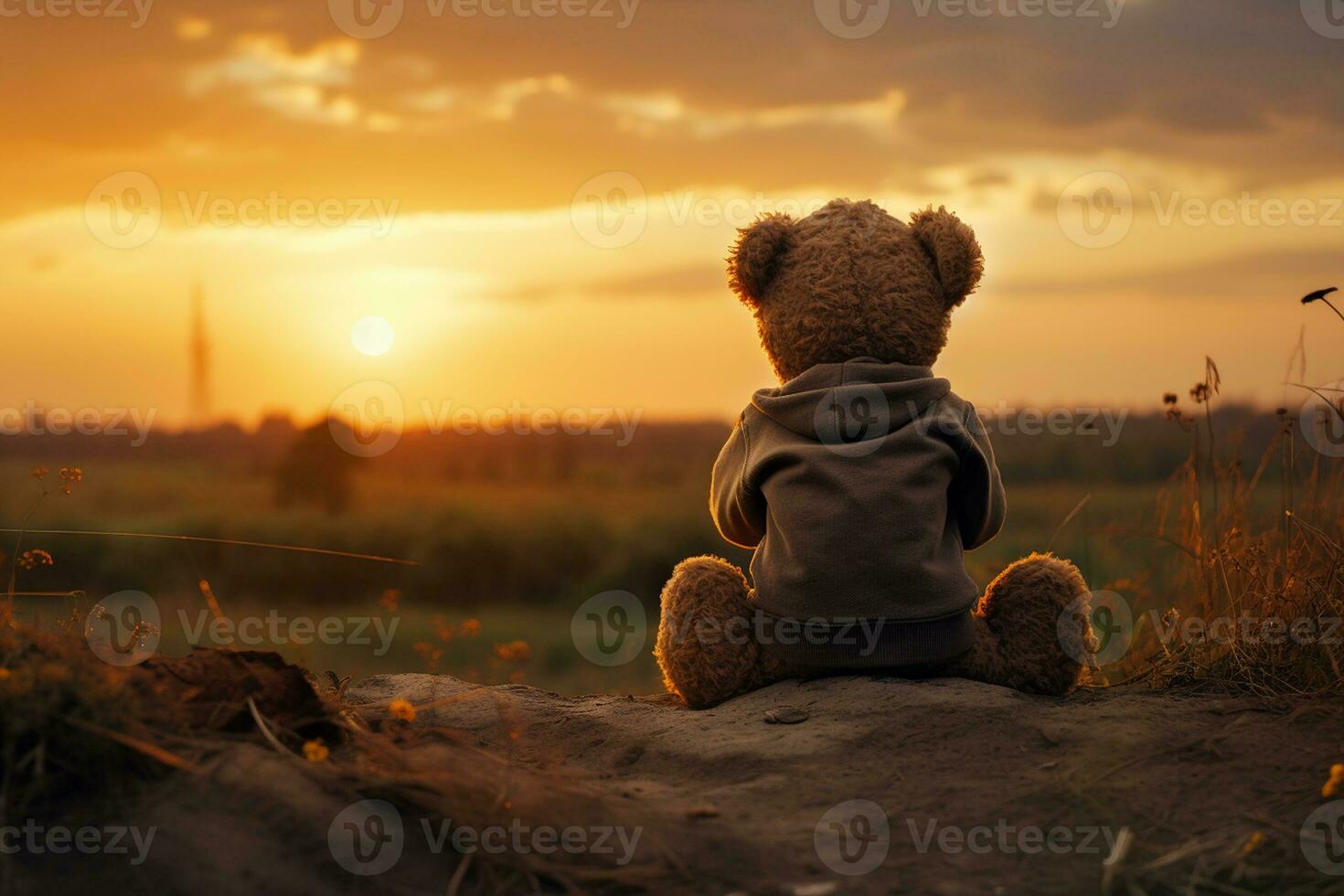Teddy Bear's Sunset Serenity Back View. Generative By Ai photo