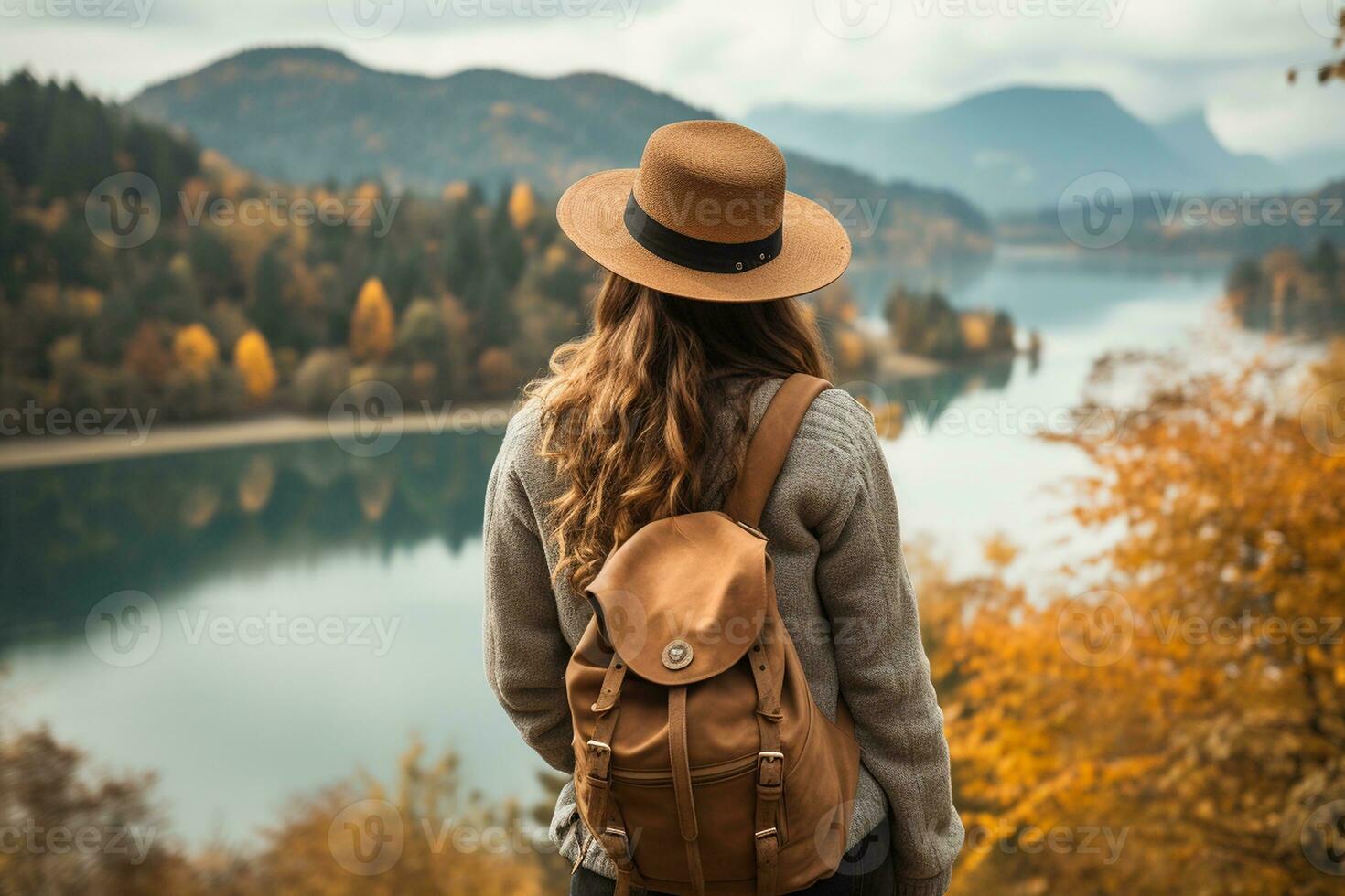 Young Girl with Backpack and Hat in the Wild. Generative By Ai photo
