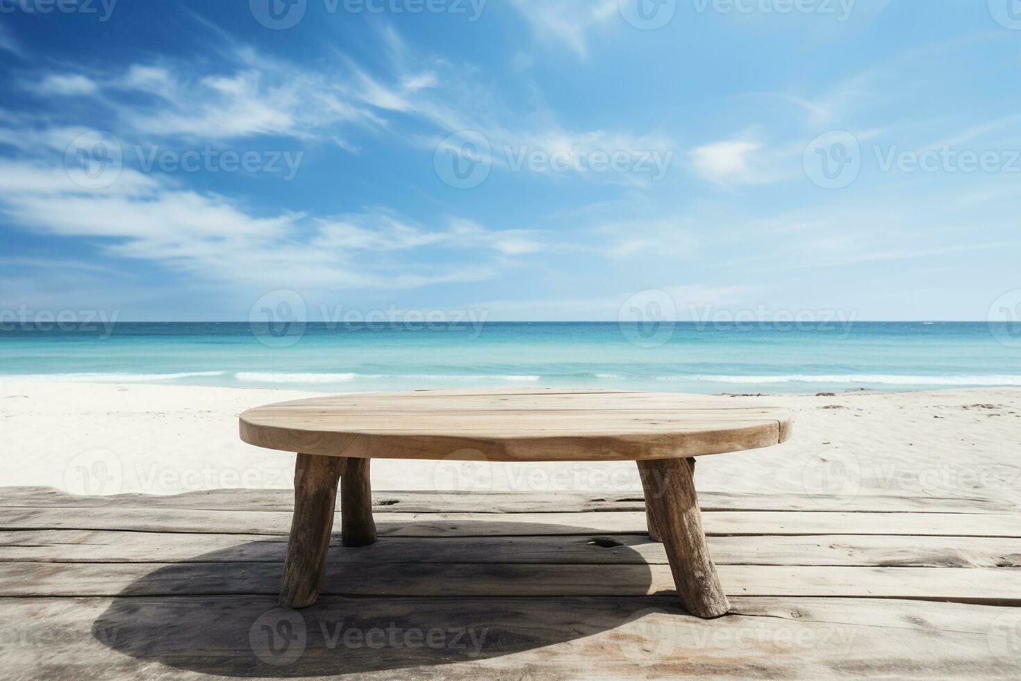 Scenic Wooden Table by the Beach and Blue Sky. Generated By Ai photo