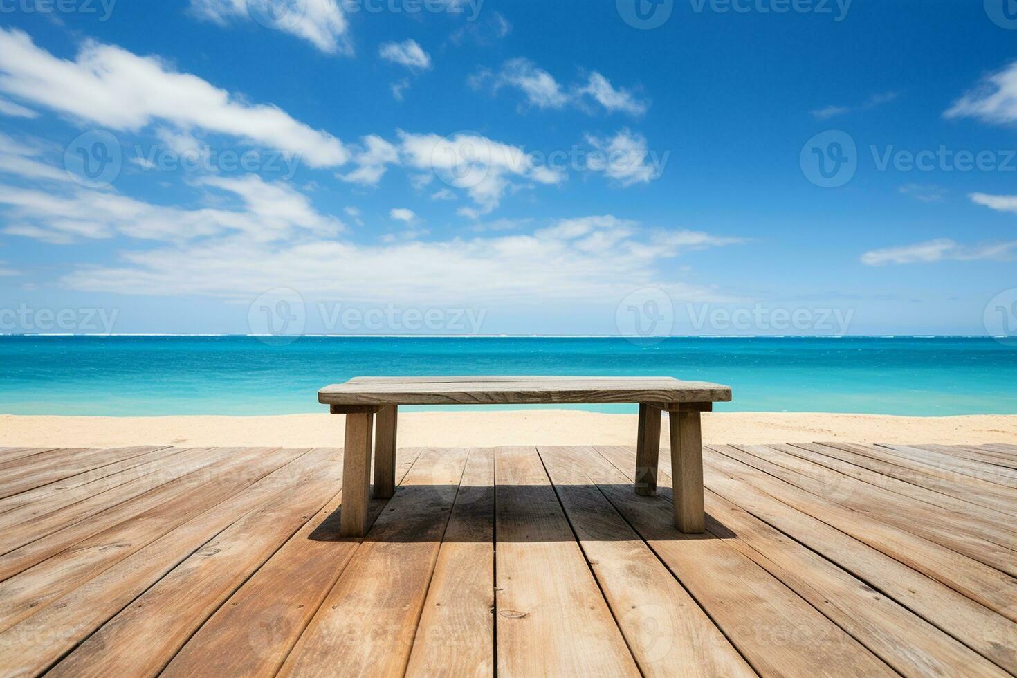 Table by the Beach under Blue Sky. Generated By Ai photo