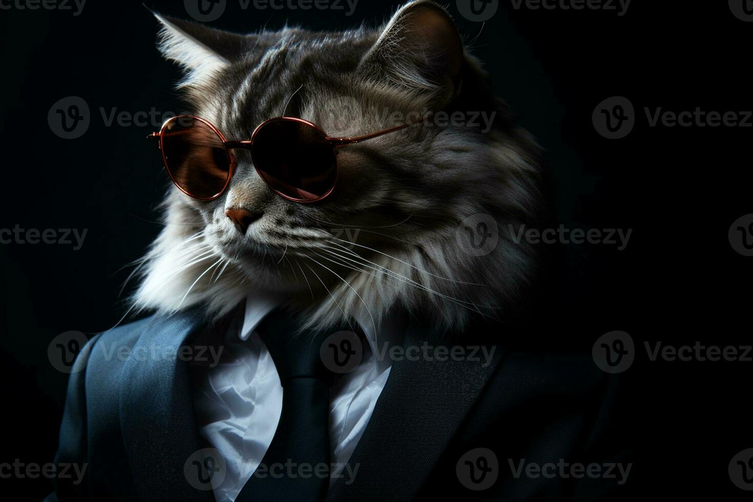 Cat in Suit and Sunglasses on Black Background. Generative By Ai photo
