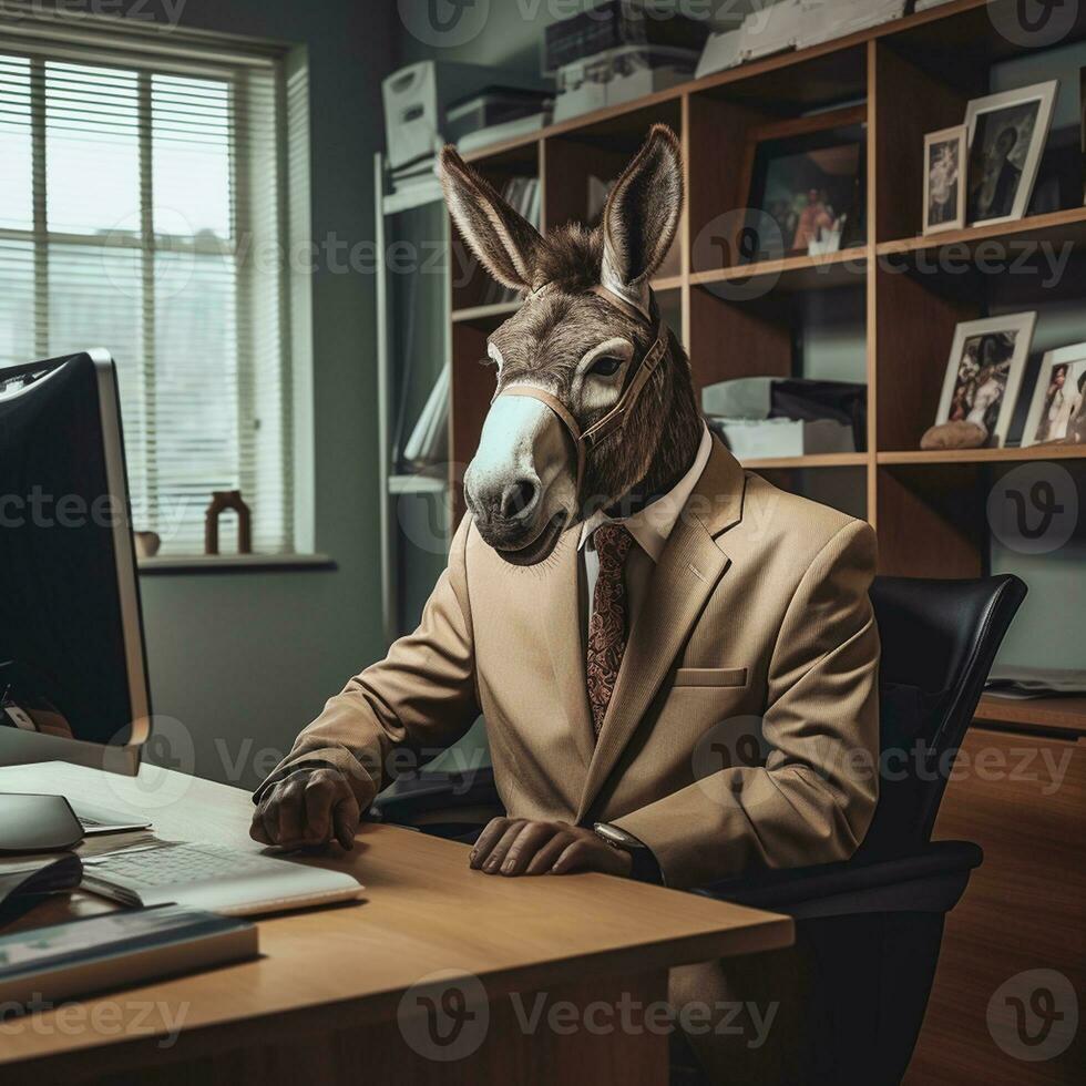 Donkey in a Businessman Costume at the Office. Generative By Ai photo