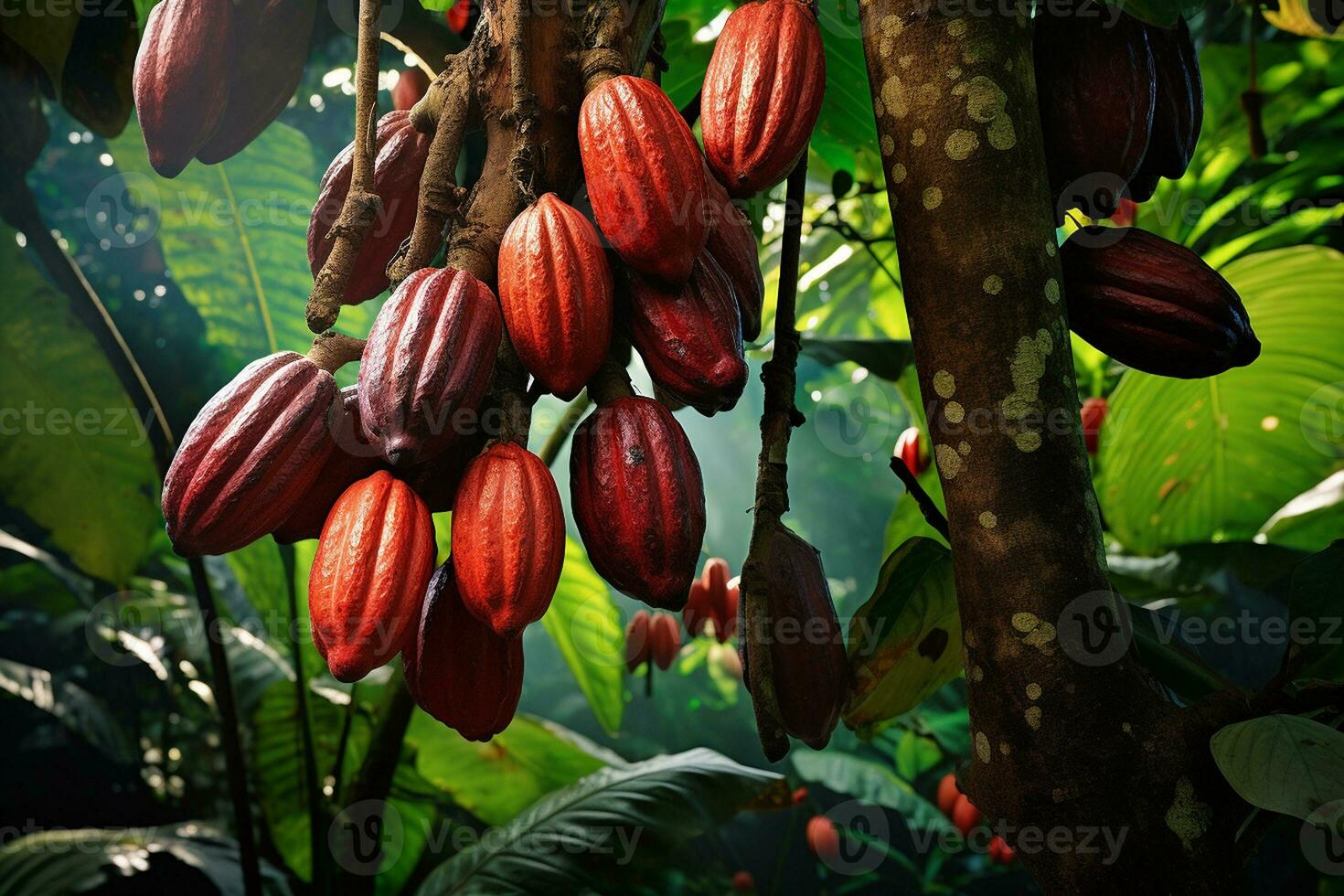 Ripe Cocoa Pods on the Cacao Plant Tree. Generative By Ai photo