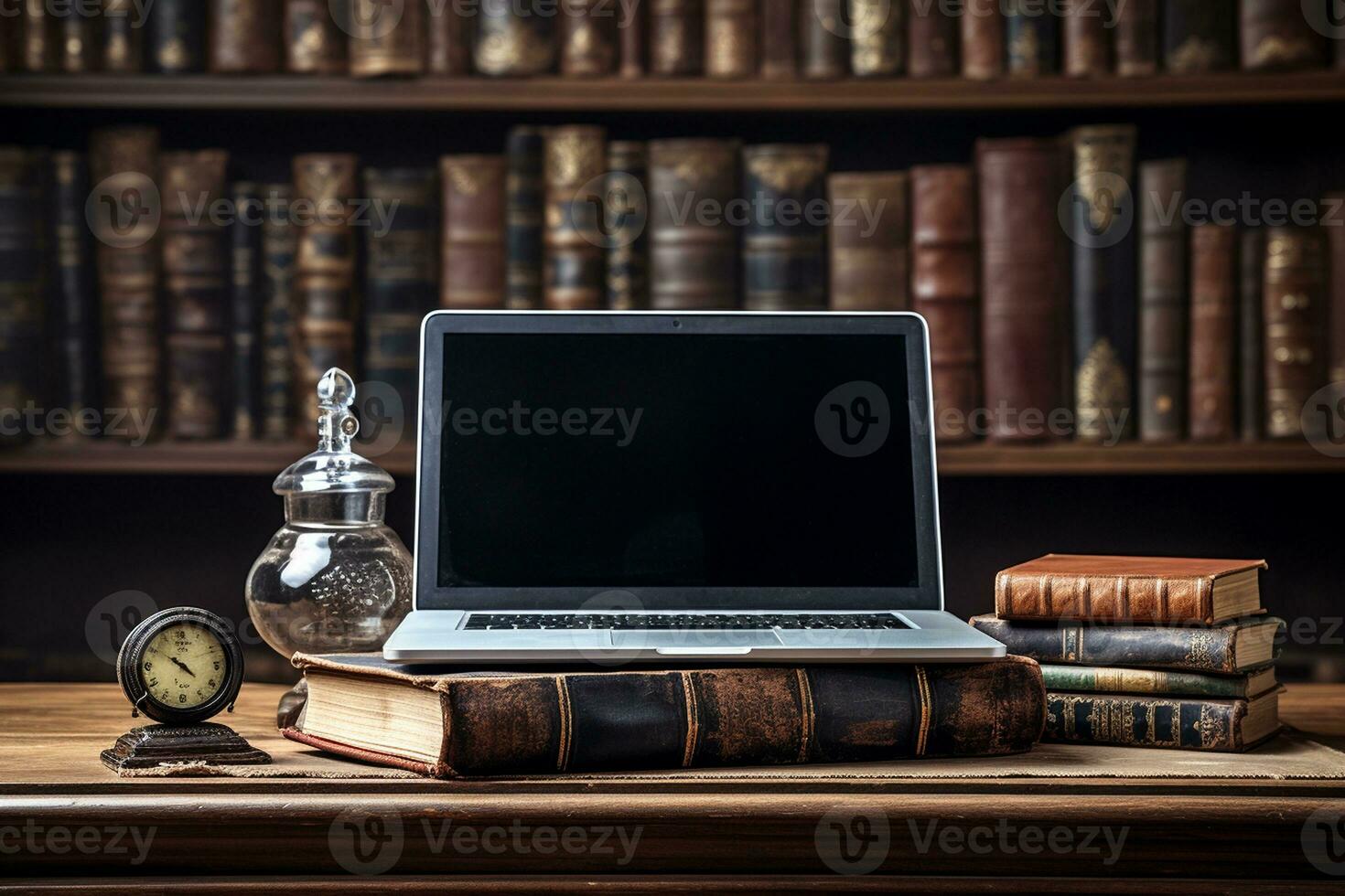 A Modern Laptop Amidst the Pages of Old Books. Generative By Ai photo