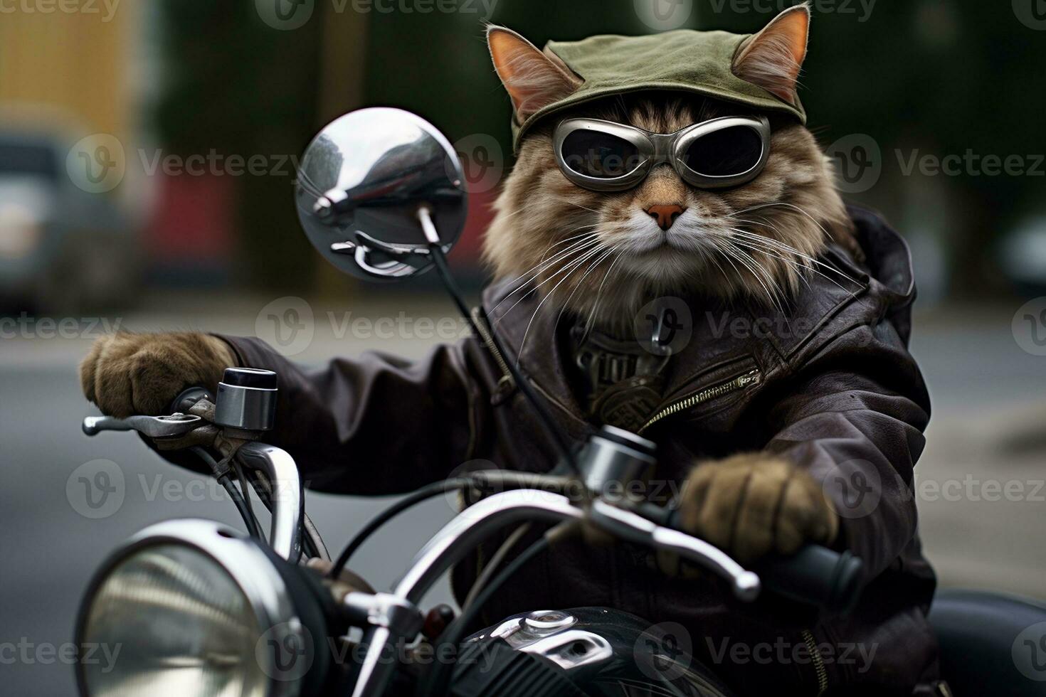 Tough Biker Cat Sits on a Motorcycle. Generative By Ai photo