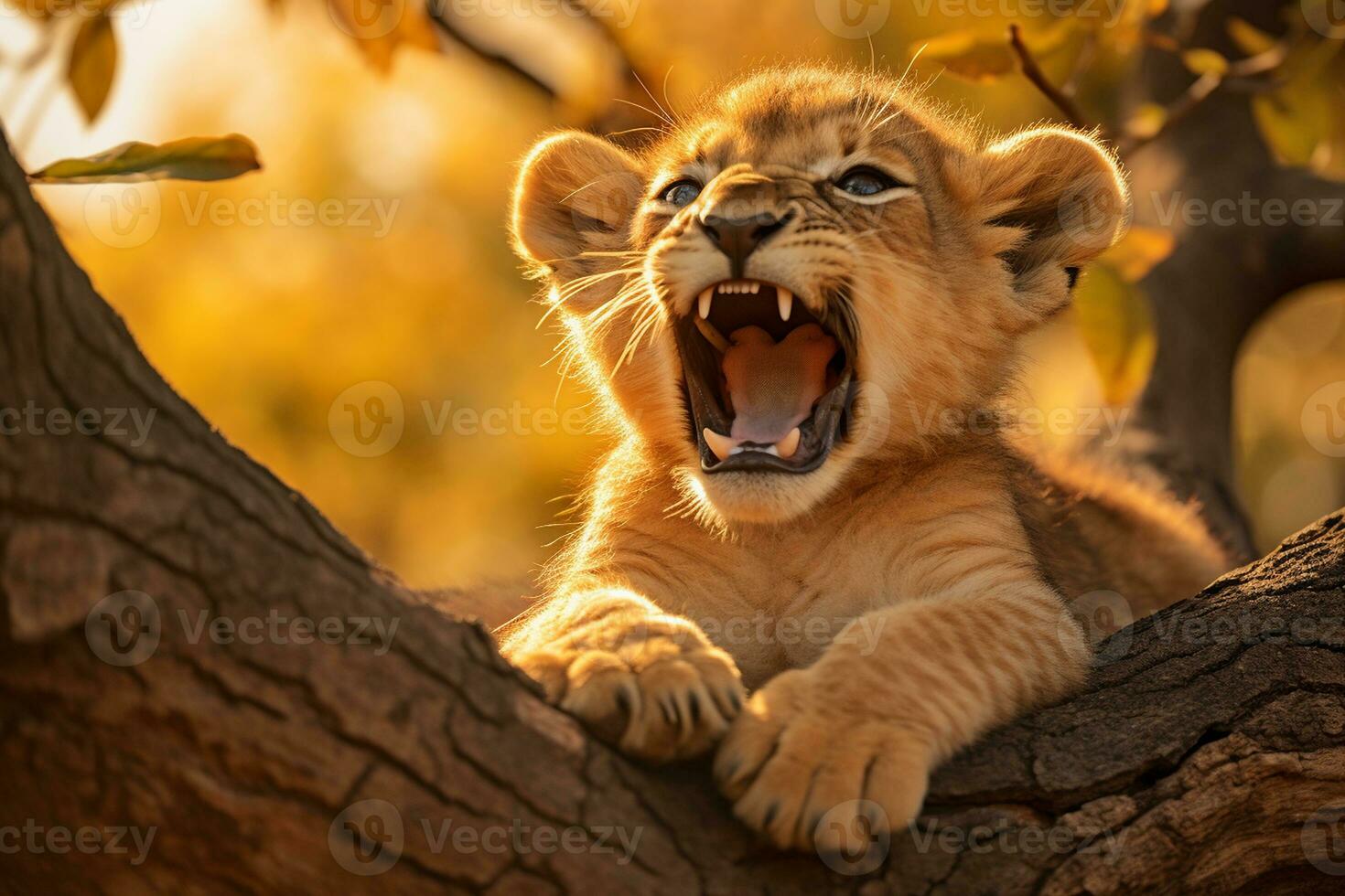 African Lion Cub's Adorable Yawning and Stretching Moment. Generative By Ai photo