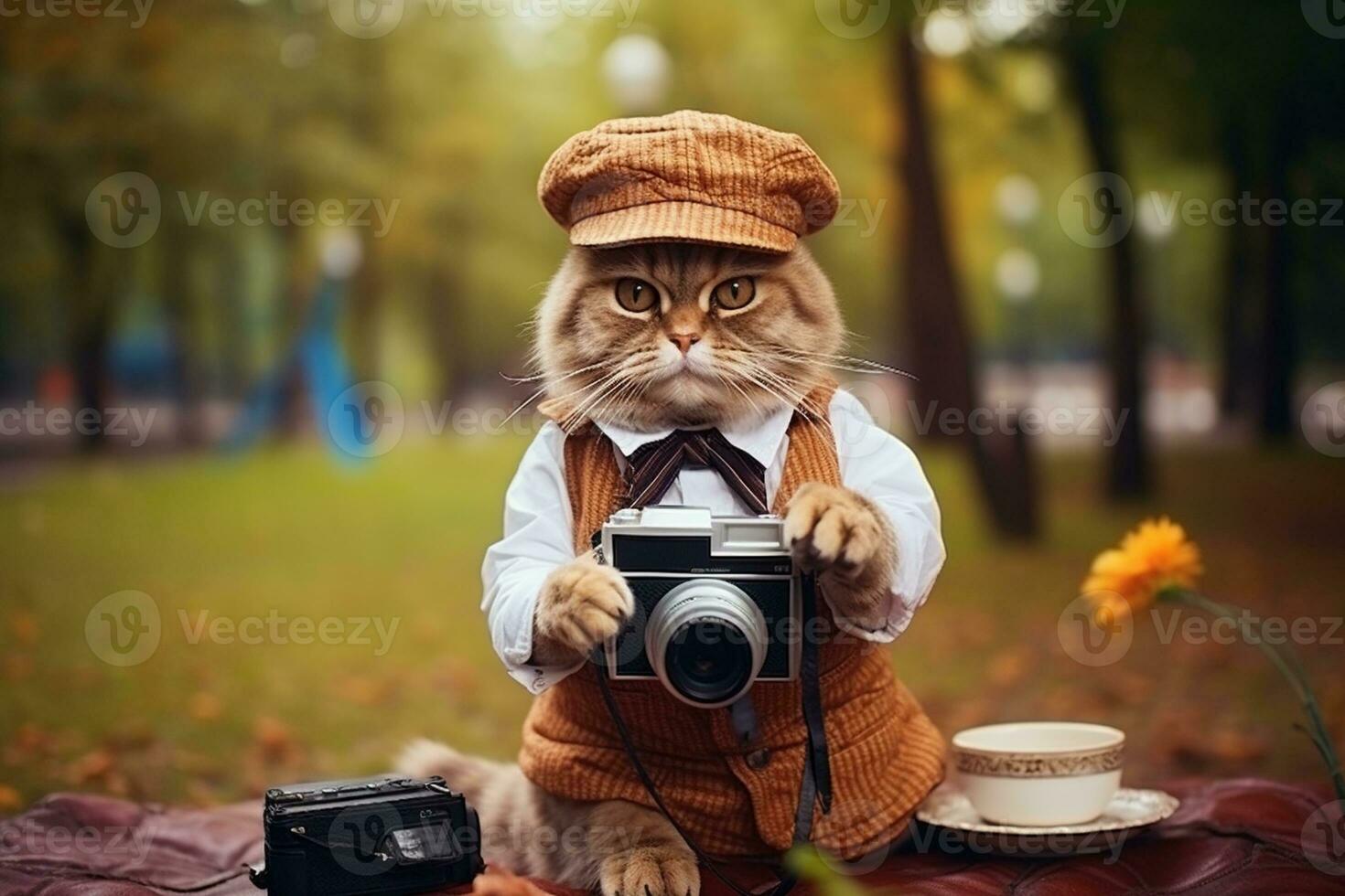 elegante gato con un retro cámara en el parque. generativo por ai foto