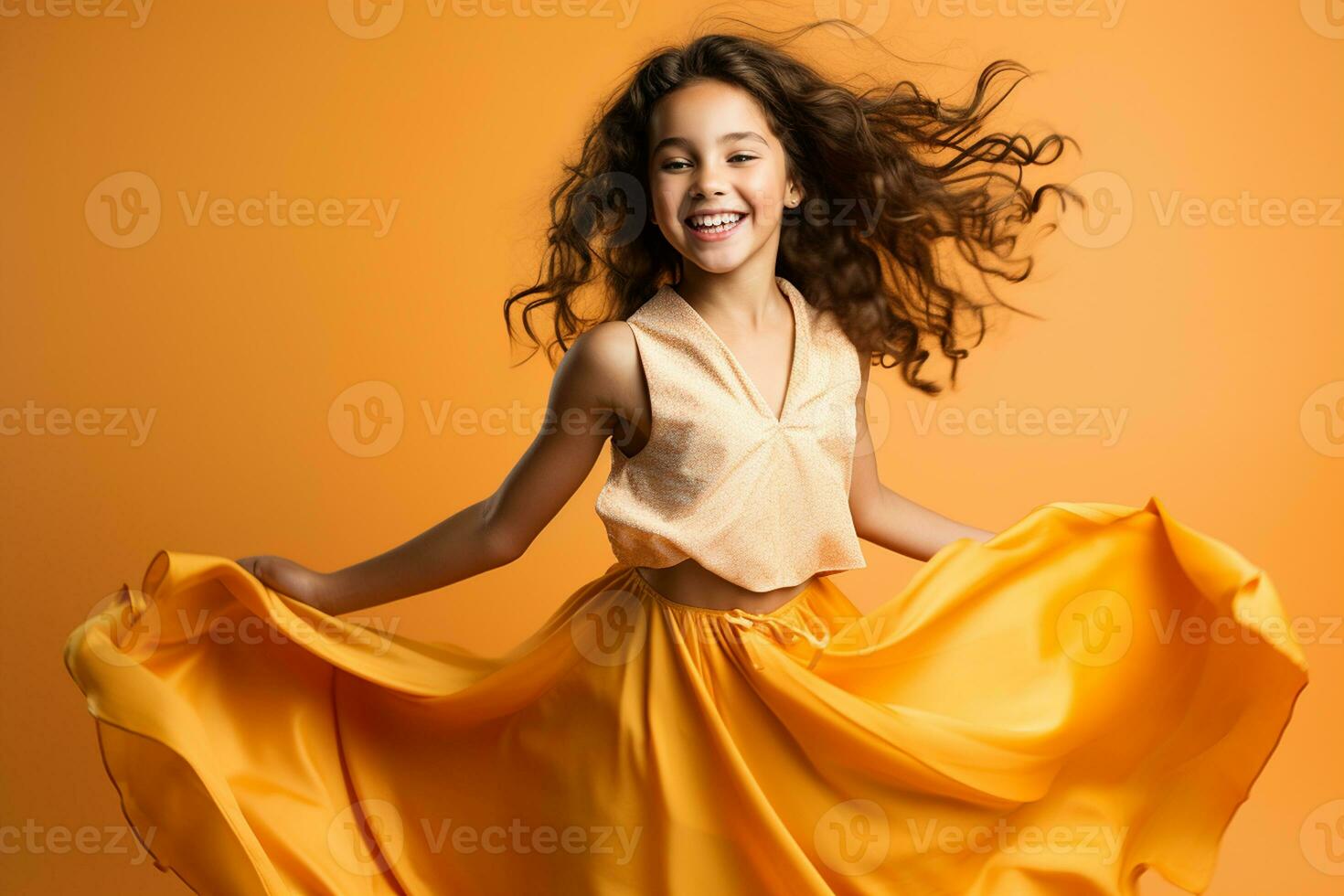 un celebracion de alegría y juventud linda joven niña bailando en un naranja piso. generativo por ai foto