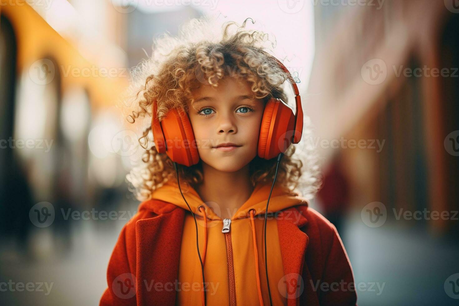 un niño hembra perdido en el mundo de música con auriculares. generativo por ai foto