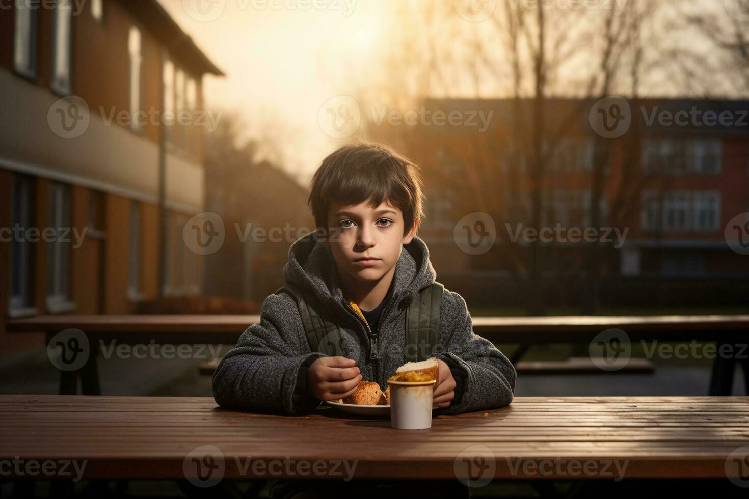 Boy Savoring Breakfast in a School Setting. Generative By Ai photo