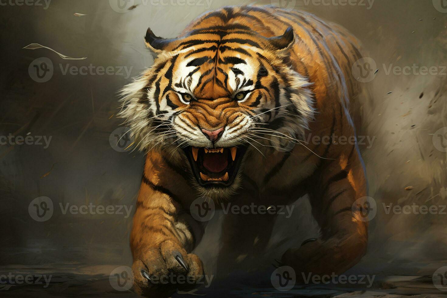 Tiger in Aggressive Sprint and Growl. Generative By Ai photo