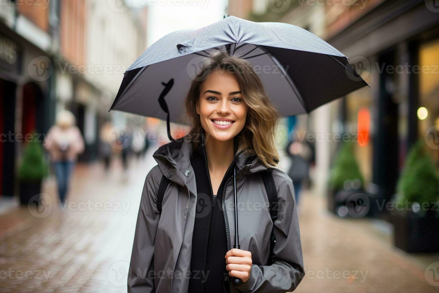 A Girl in Her 30s with an Umbrella and Windproof Jacket. Generative By Ai photo