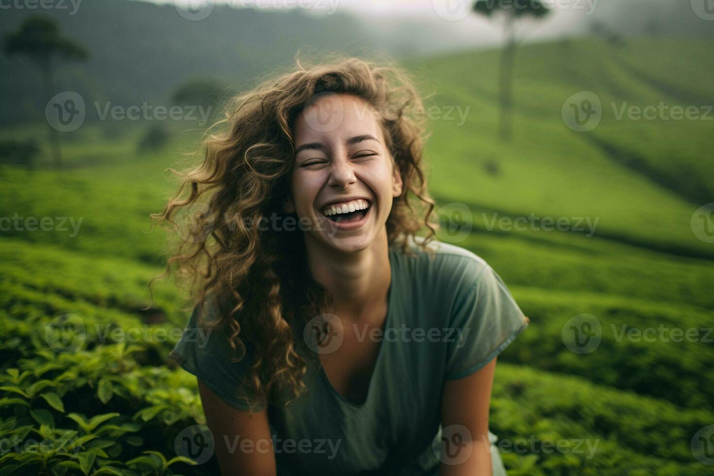 A Girl's Laughter Echoes Amidst a Serene Tea Garden. Generative By Ai photo