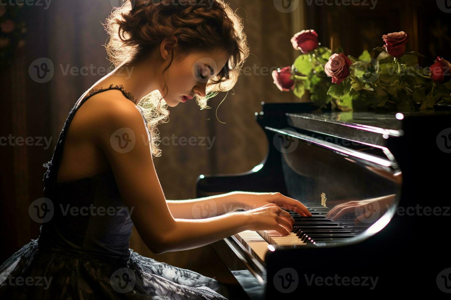 un niña en su 30s creando melodías en el piano. generativo por ai foto