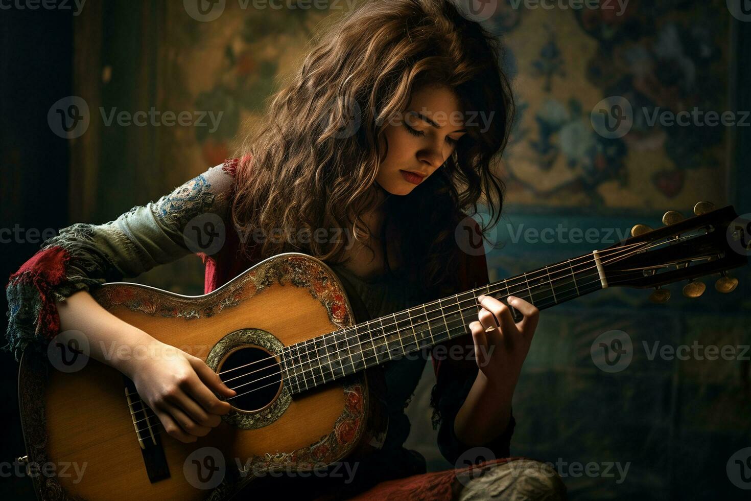 A Girl's Guitar Performance Strikes a Chord. Generative By Ai photo