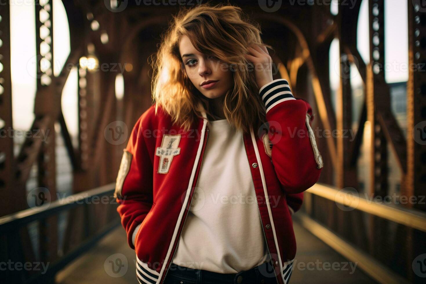 un elegante niña ratería el puente de su nariz en un universidad chaqueta. generativo por ai foto