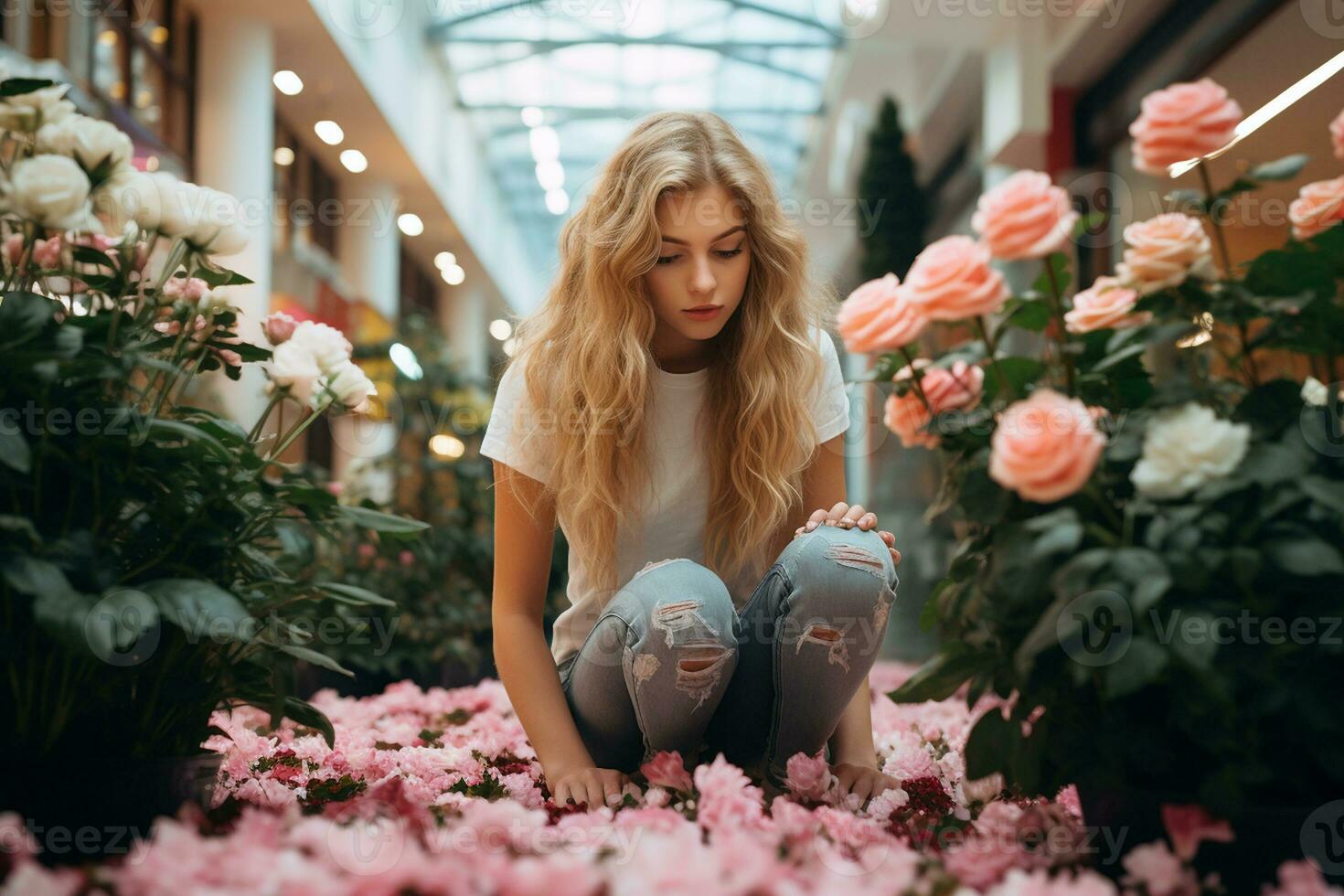Girl and Flowers at Shopping Center. Generative By Ai photo