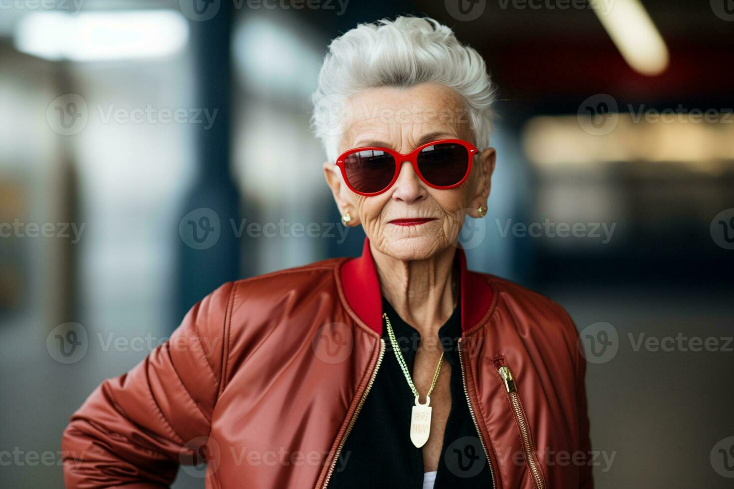 Old Woman in Trendy Bomber Jacket. Generative By Ai photo