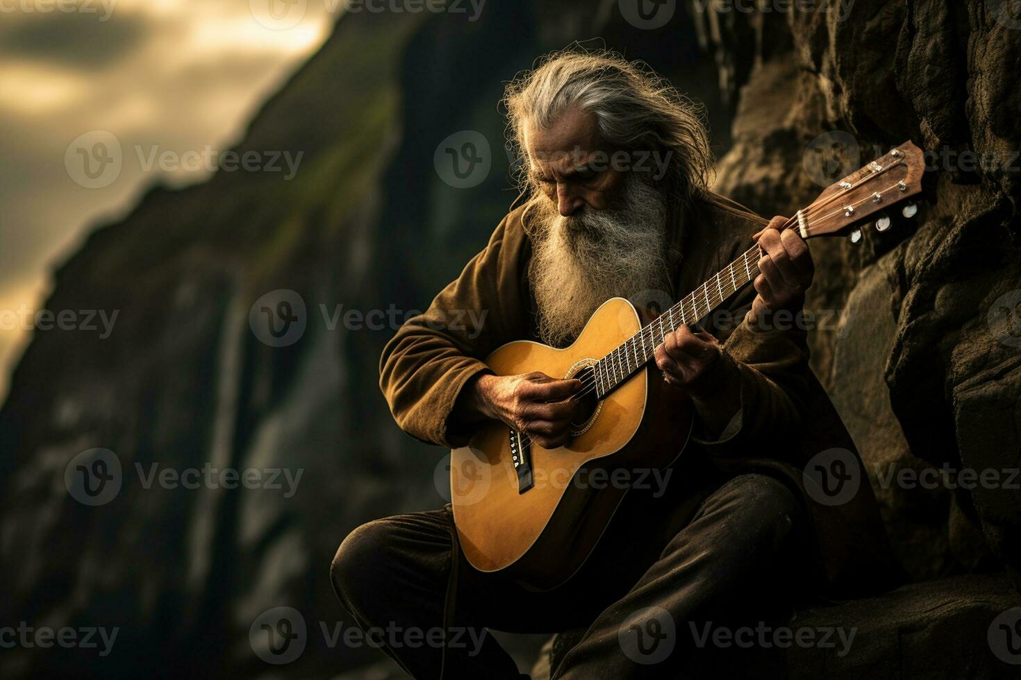 Elderly Guitarist's Scenic Performance. Generative By Ai photo
