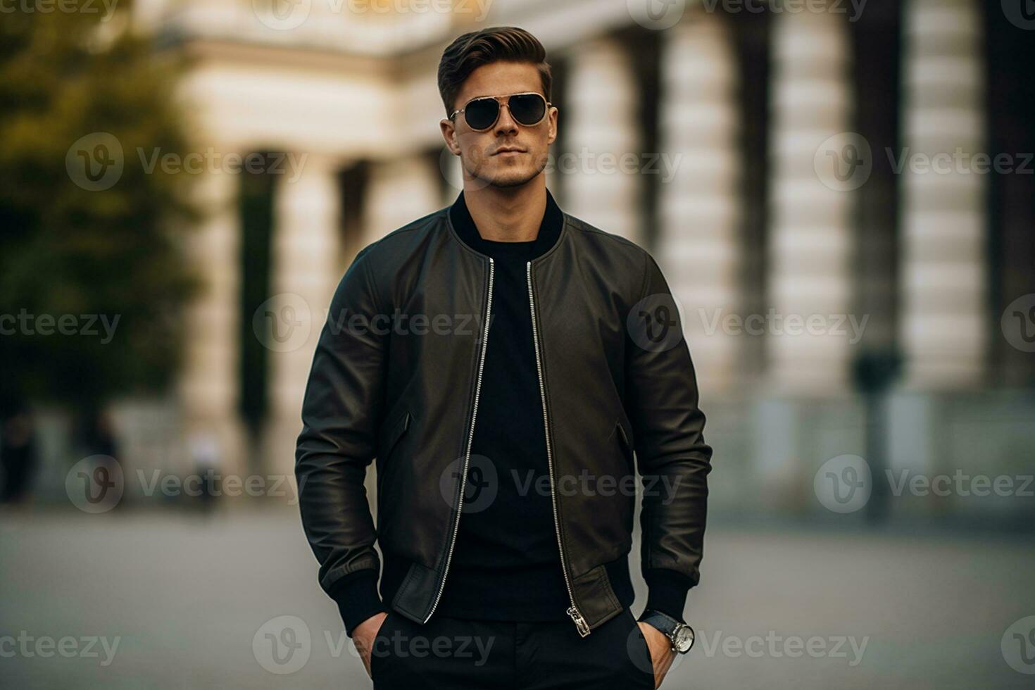 A Man in a Sleek Bomber Jacket. Generative By Ai photo