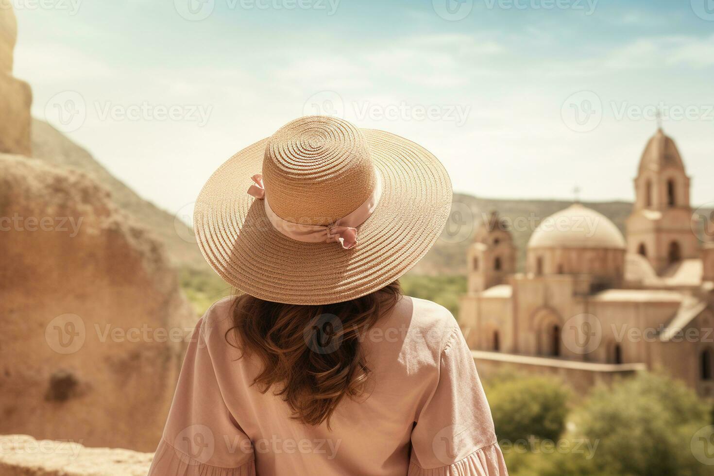 Stylish Sun Hat in Tranquil Mountain Setting. Generative By Ai photo