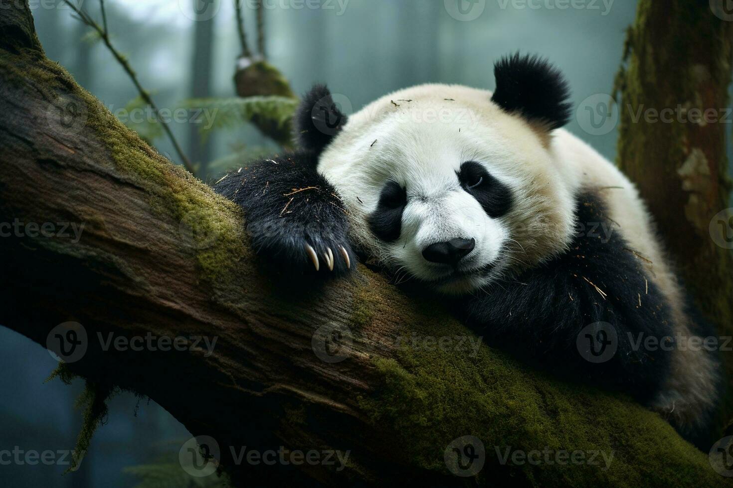 Panda Sleeping on a Tree Branch. Generative By Ai photo