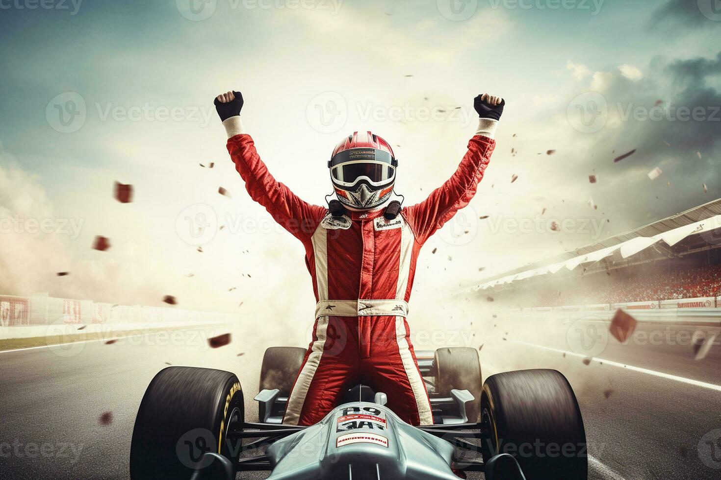 Race Car Driver Crossing the Finish Line in Victory. Generative By Ai photo