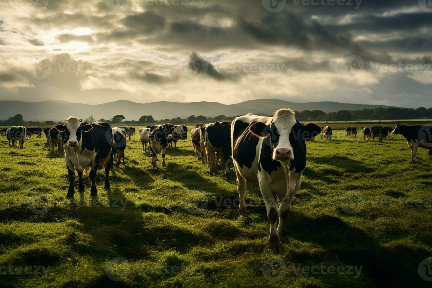 Cows Grazing in the Green Fields of a Meadow. Generative By Ai photo