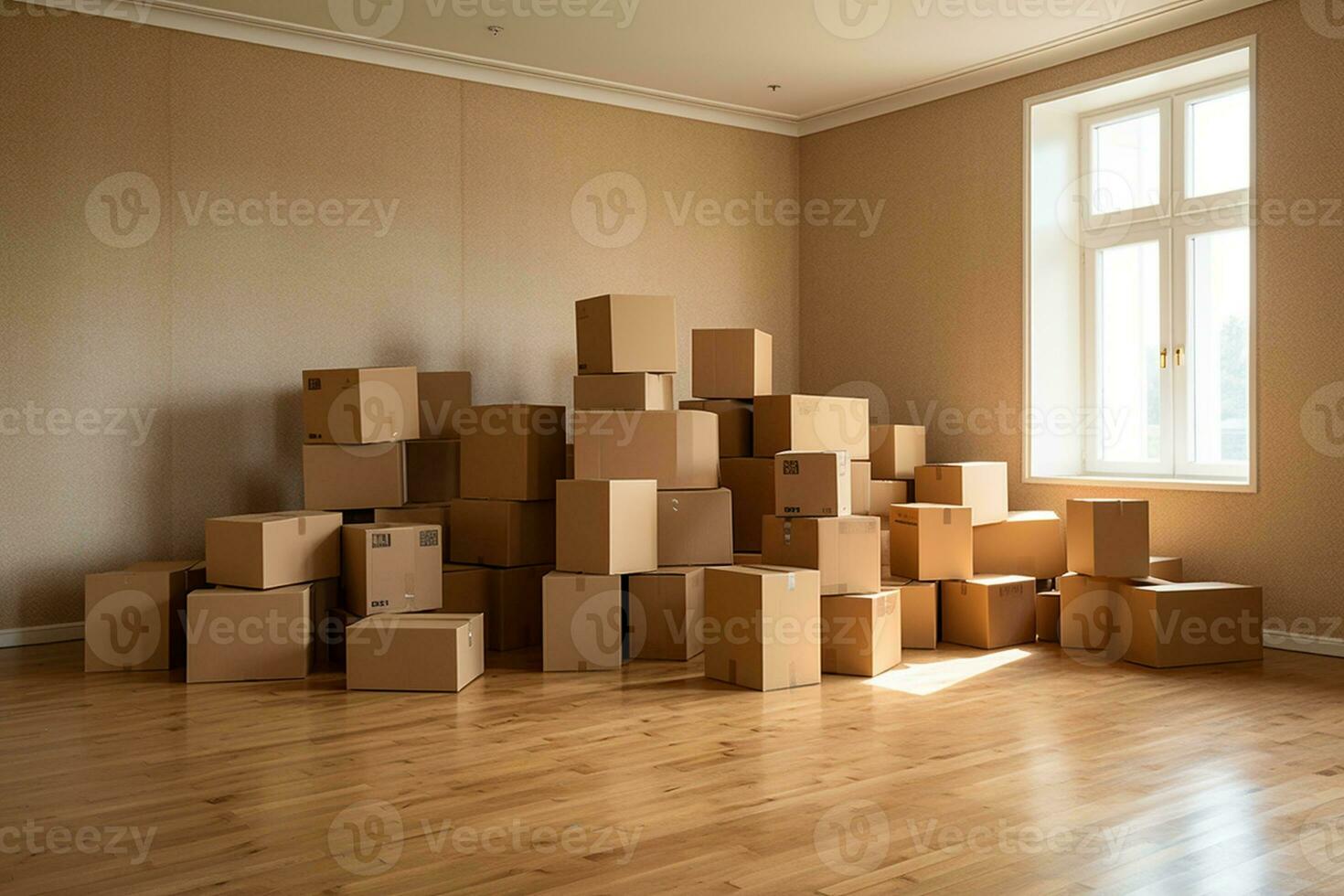 A Stack of Cardboard Boxes in an Empty Room. Generative By Ai photo