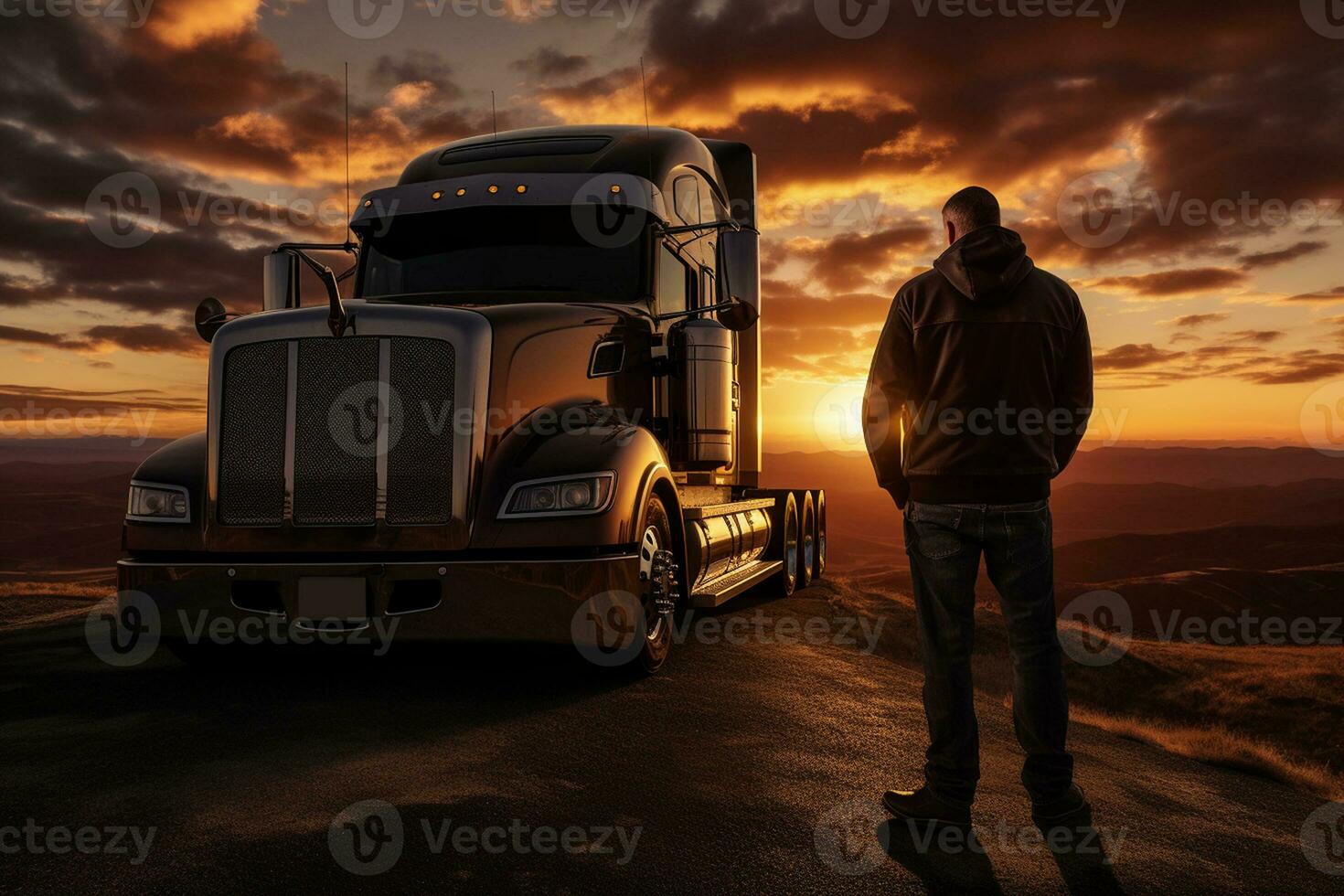 Truck Driver's Serene Sunset Stand A Scenic Journey. Generative By Ai photo