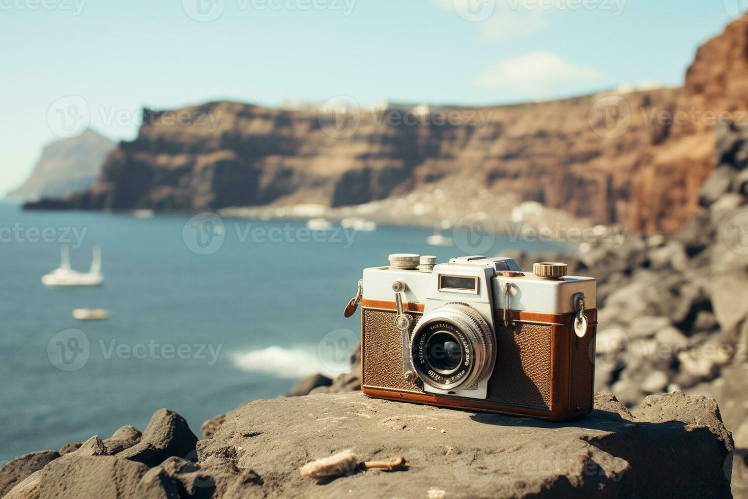 Vintage Camera Adventures in Santorini. Generative By Ai photo