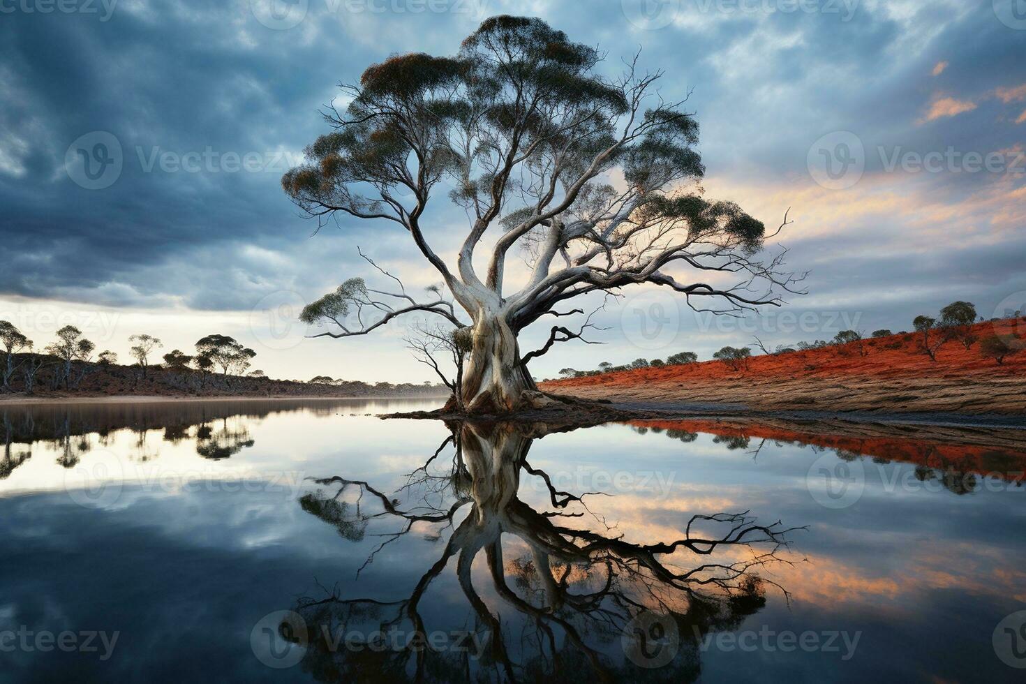 Large Gum Tree Reflected in Water. Generative By Ai photo