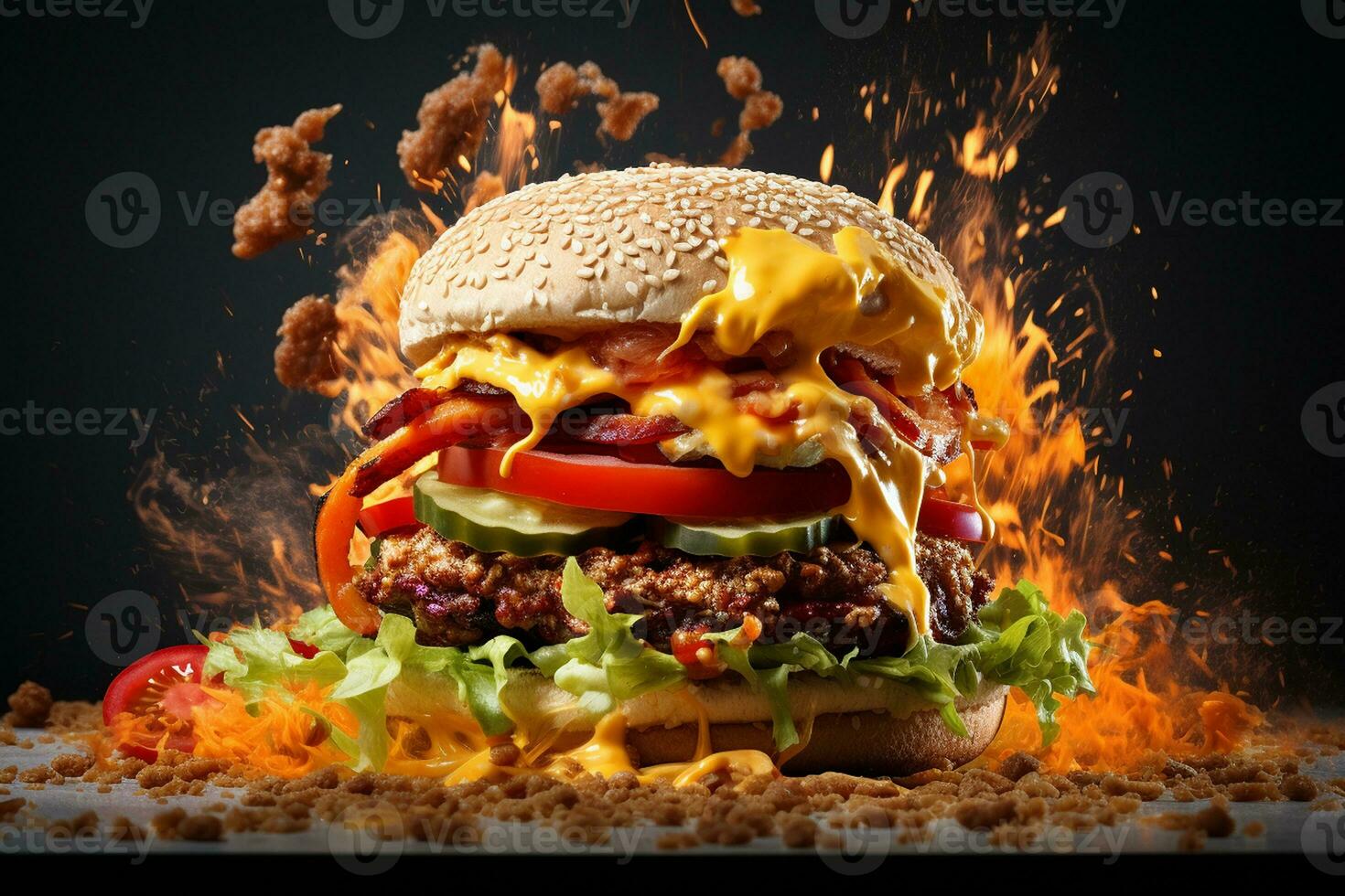 Exploding Spicy Burger Sandwich. Generative By Ai photo