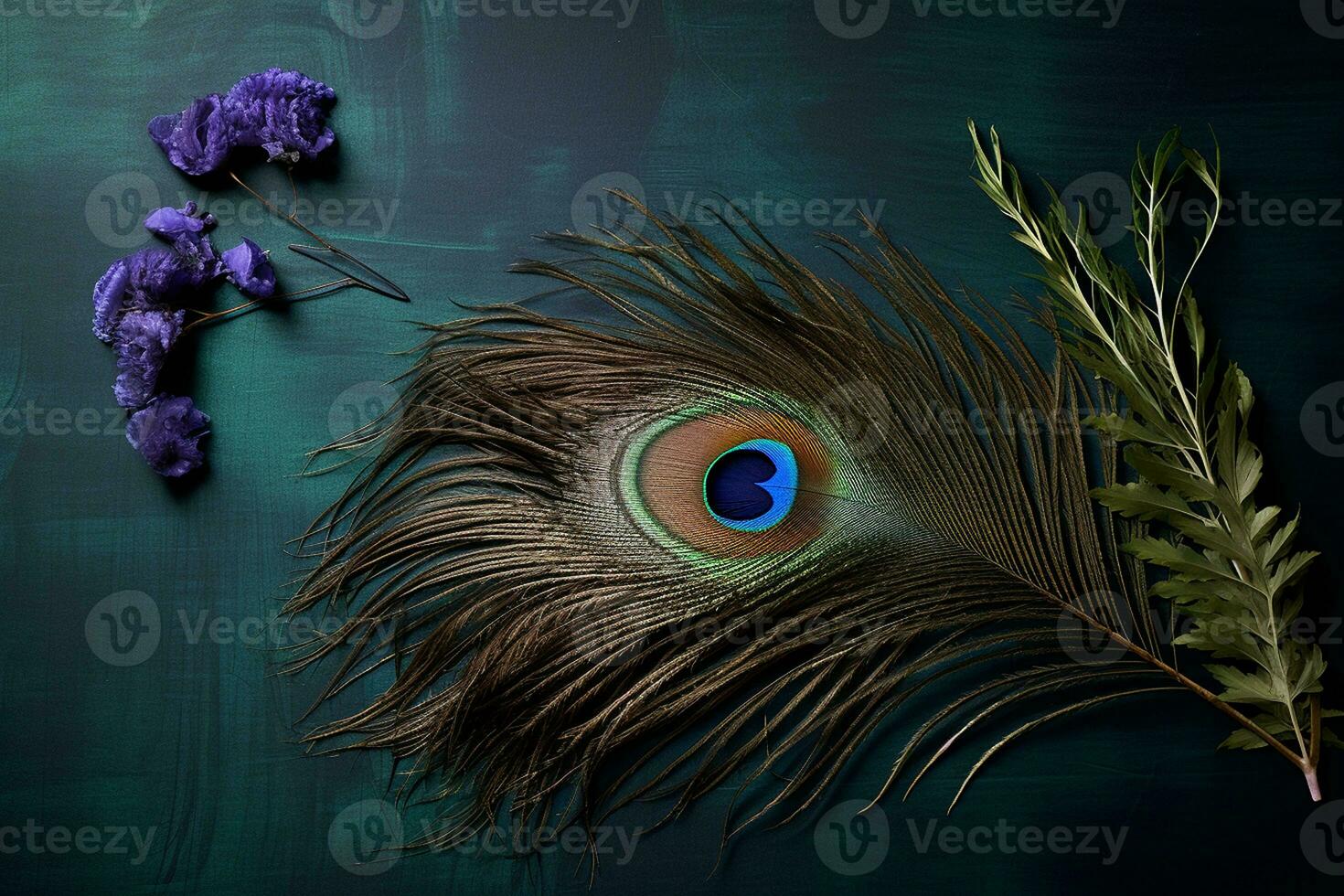 Single Peacock Feather in a Stunning Flat Lay. Generative By Ai photo
