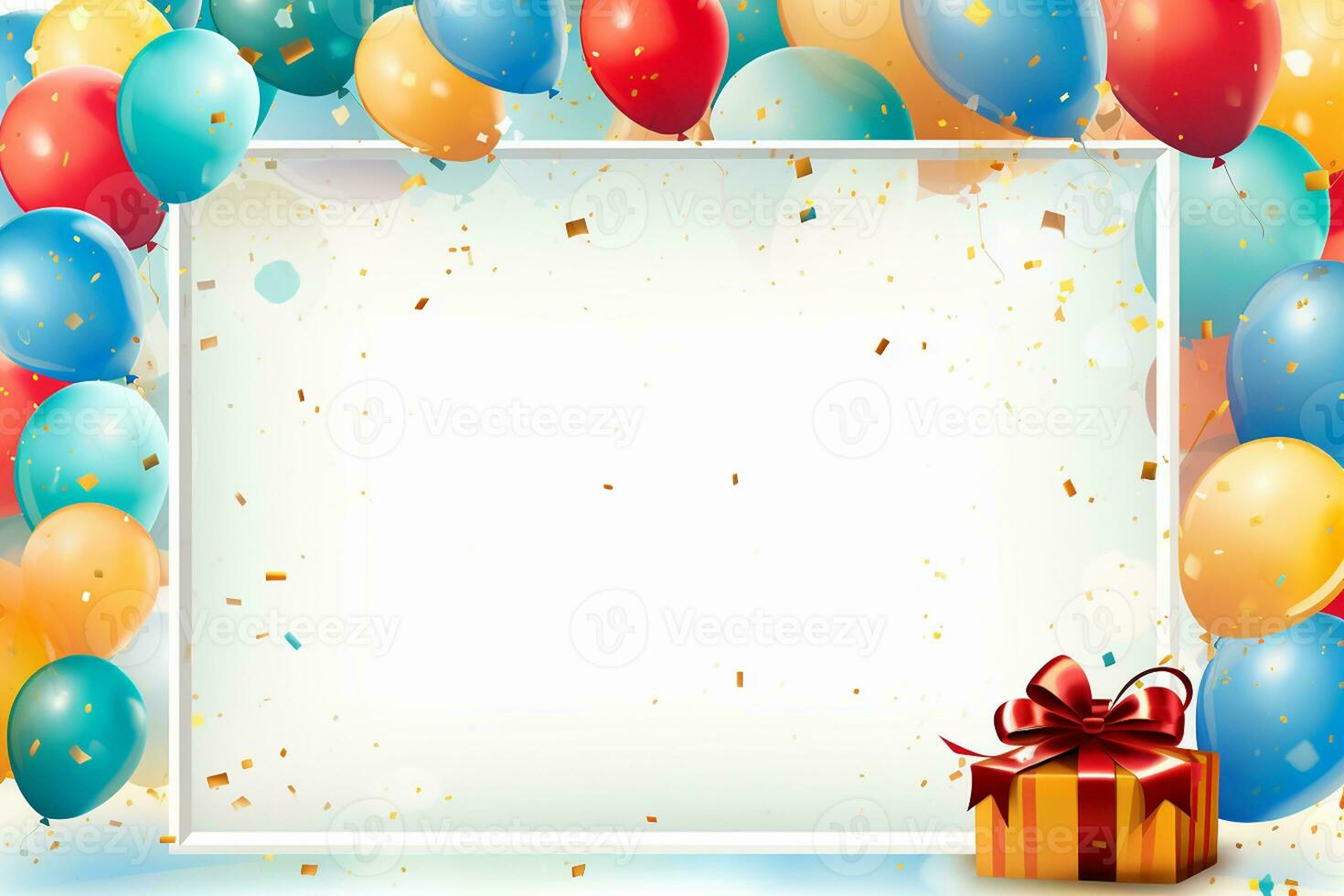 Colorful Balloon and Gift in a Holiday Frame. Generative By Ai photo