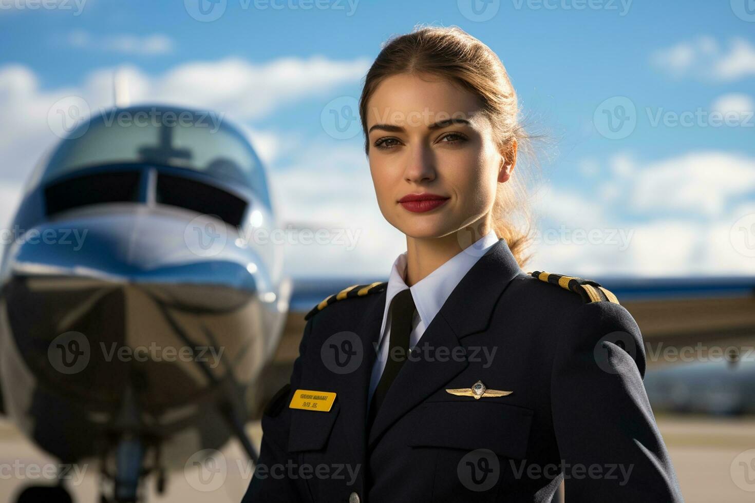 Female Pilot Stands Proud in Front of Her Airplane. Generative By Ai photo