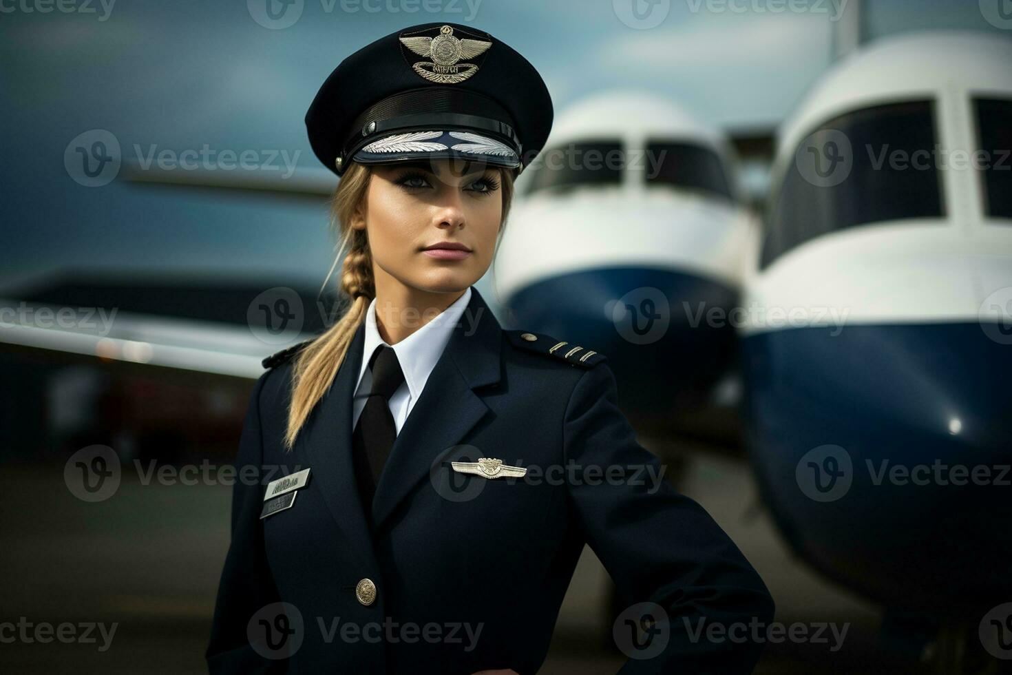 hembra piloto soportes orgulloso en frente de su avión. generativo por ai foto