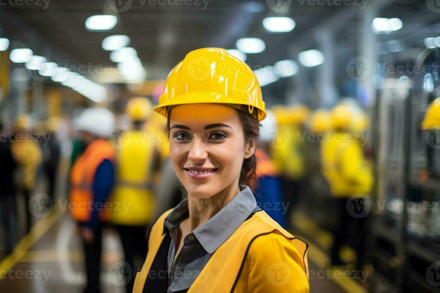 Female Factory Worker Wearing a Safety Helmet. Generative By Ai photo