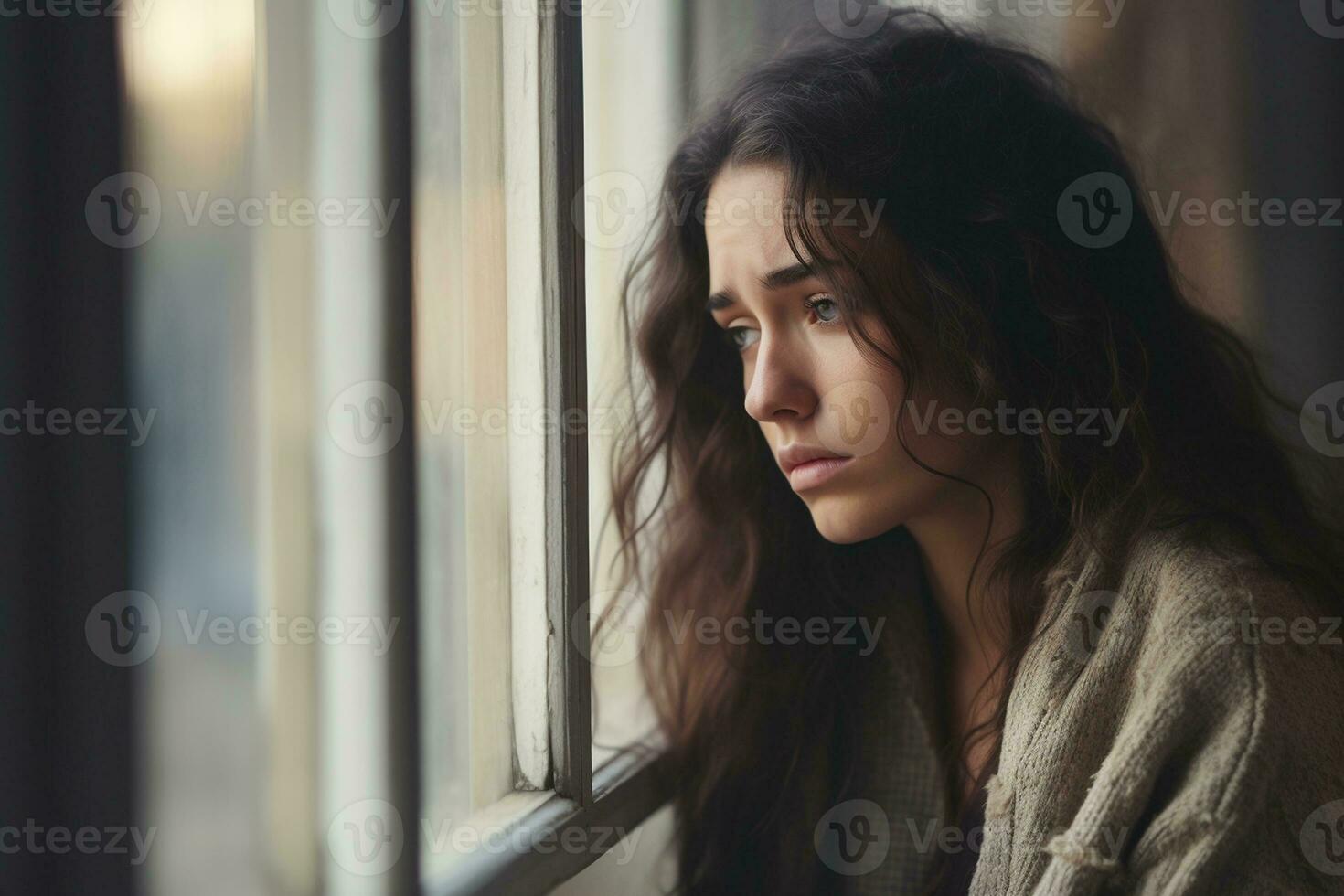 de cerca de un Deprimido joven mujer por el ventana a hogar. generativo por ai foto