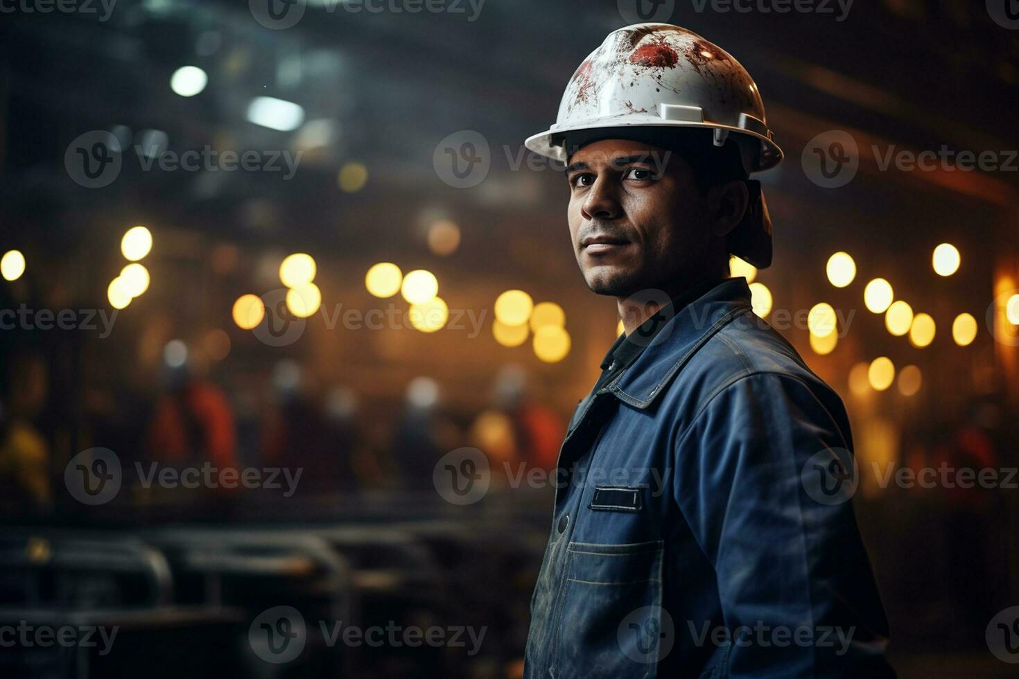 Factory Worker Wearing a Safety Helmet. Generative By Ai photo