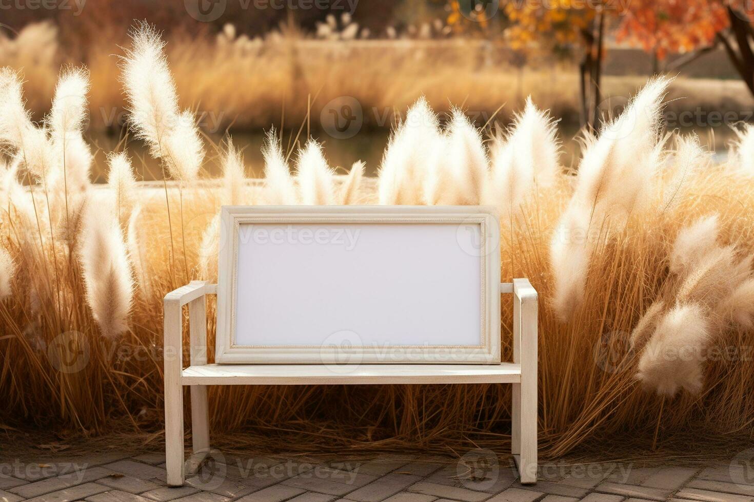 Frame Mock-up Near Bench and Pampas Grass. Generative By Ai photo