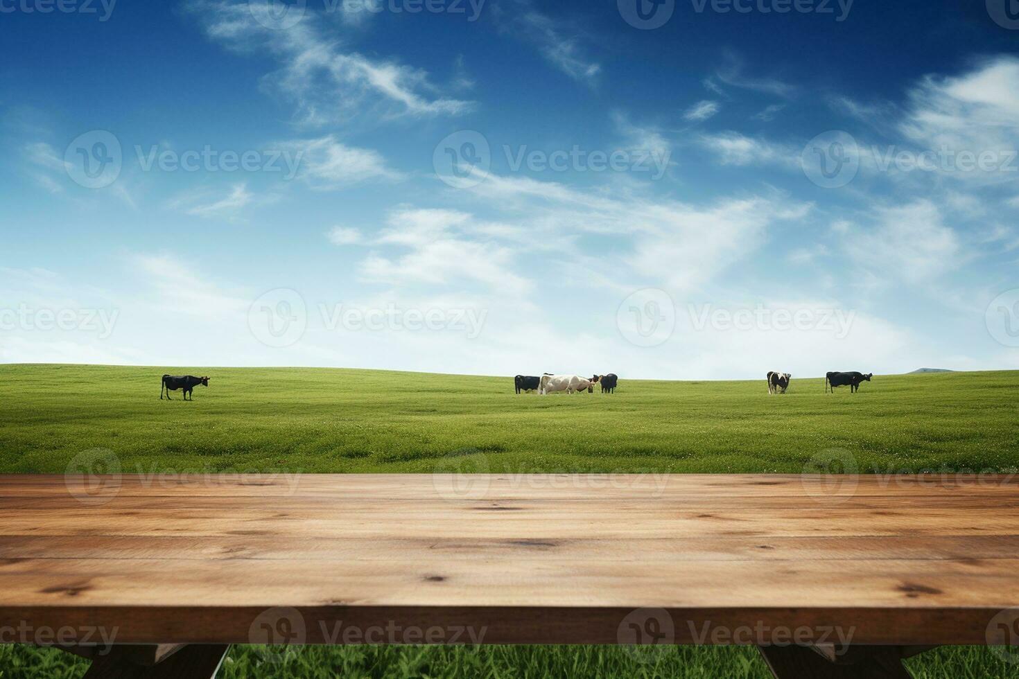 Farm to Table Delights Cows Grazing Beyond the Wooden Table. Generative By Ai photo